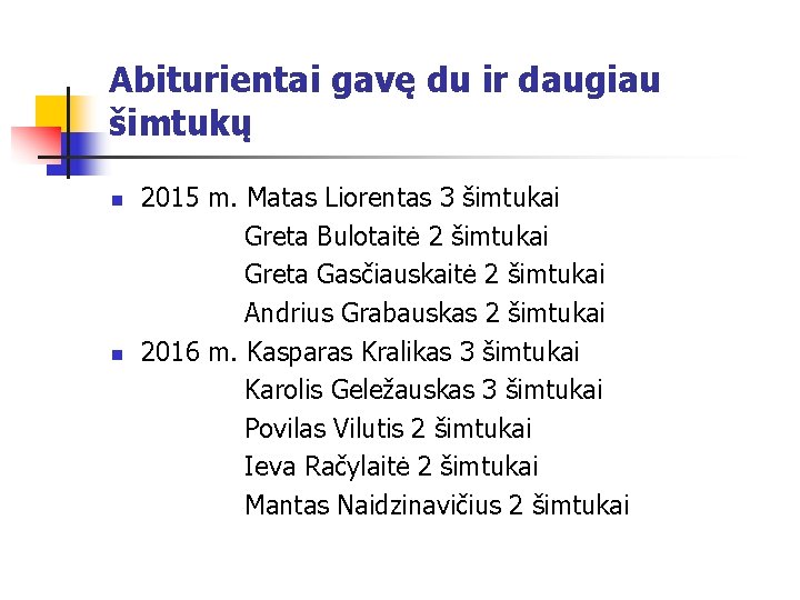 Abiturientai gavę du ir daugiau šimtukų 2015 m. Matas Liorentas 3 šimtukai Greta Bulotaitė