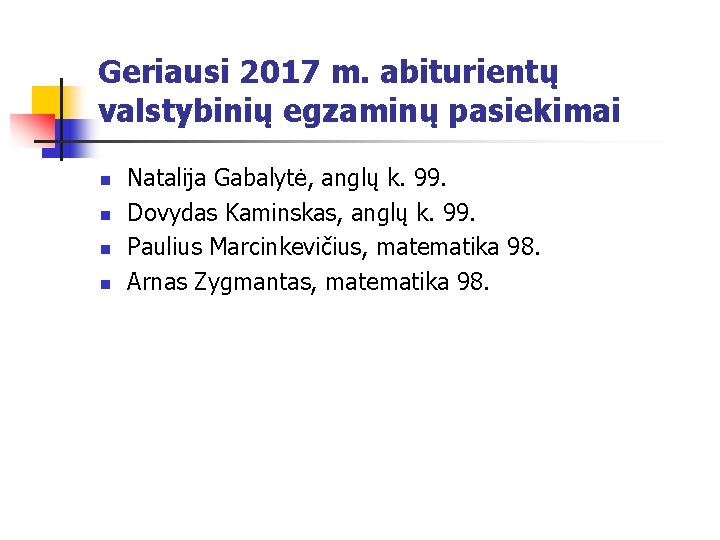 Geriausi 2017 m. abiturientų valstybinių egzaminų pasiekimai n n Natalija Gabalytė, anglų k. 99.