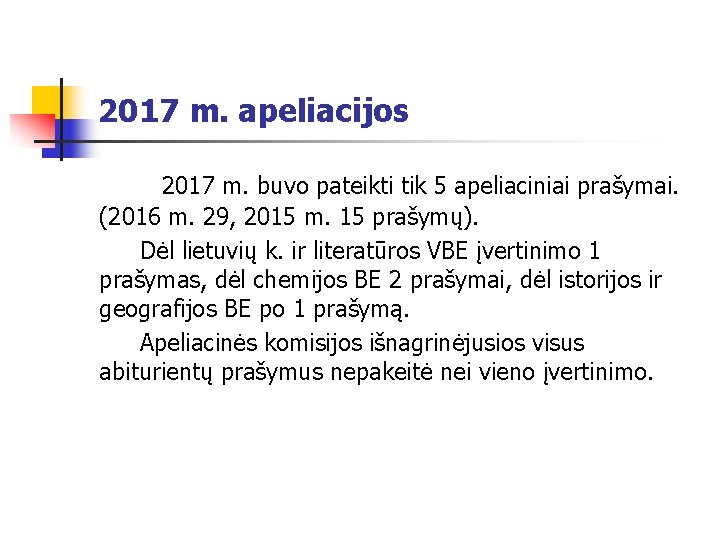 2017 m. apeliacijos 2017 m. buvo pateikti tik 5 apeliaciniai prašymai. (2016 m. 29,