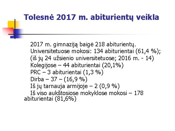 Tolesnė 2017 m. abiturientų veikla 2017 m. gimnaziją baigė 218 abiturientų. Universitetuose mokosi: 134