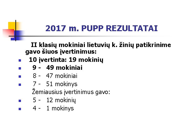 2017 m. PUPP REZULTATAI II klasių mokiniai lietuvių k. žinių patikrinime gavo šiuos įvertinimus: