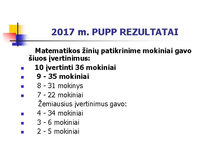 2017 m. PUPP REZULTATAI Matematikos žinių patikrinime mokiniai gavo šiuos įvertinimus: n 10 įvertinti