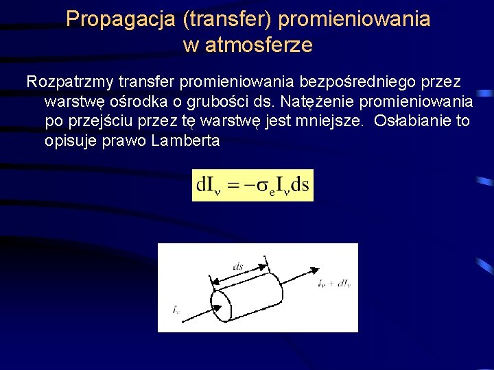 Propagacja (transfer) promieniowania w atmosferze Rozpatrzmy transfer promieniowania bezpośredniego przez warstwę ośrodka o grubości