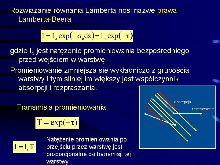 Rozwiązanie równania Lamberta nosi nazwę prawa Lamberta-Beera gdzie Io jest natężenie promieniowania bezpośredniego przed