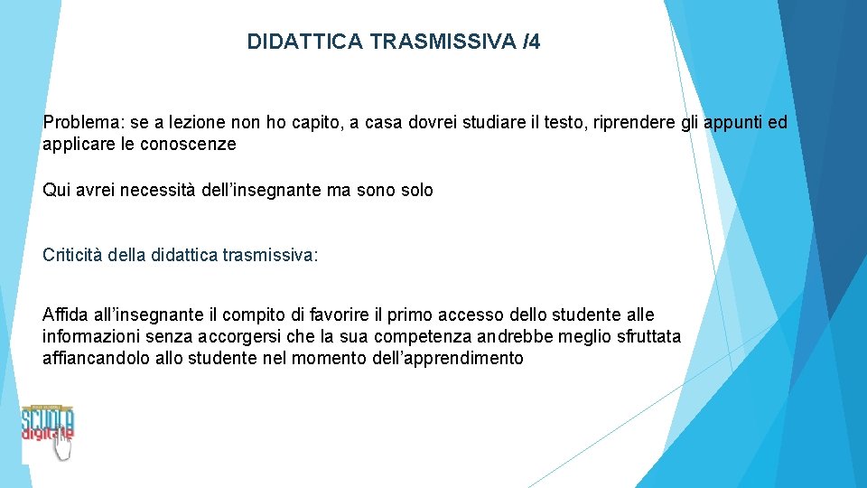 DIDATTICA TRASMISSIVA /4 Problema: se a lezione non ho capito, a casa dovrei studiare