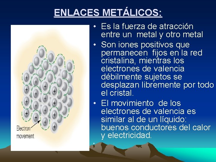 ENLACES METÁLICOS: • Es la fuerza de atracción entre un metal y otro metal ENLACES METÁLICOS: • Es la fuerza de atracción entre un metal y otro metal