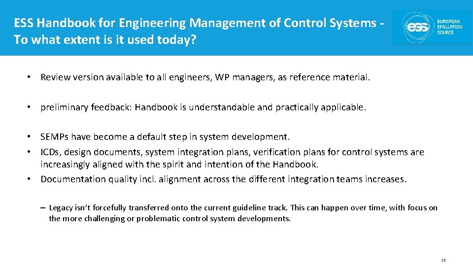 ESS Handbook for Engineering Management of Control Systems To what extent is it used