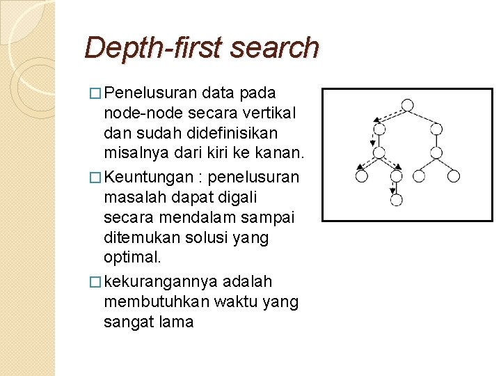 Depth-first search � Penelusuran data pada node-node secara vertikal dan sudah didefinisikan misalnya dari