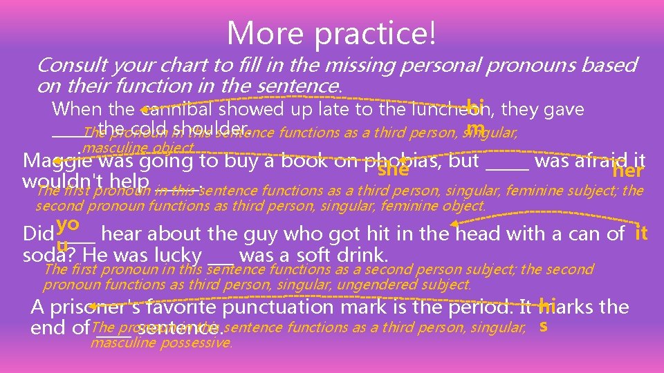 More practice! Consult your chart to fill in the missing personal pronouns based on