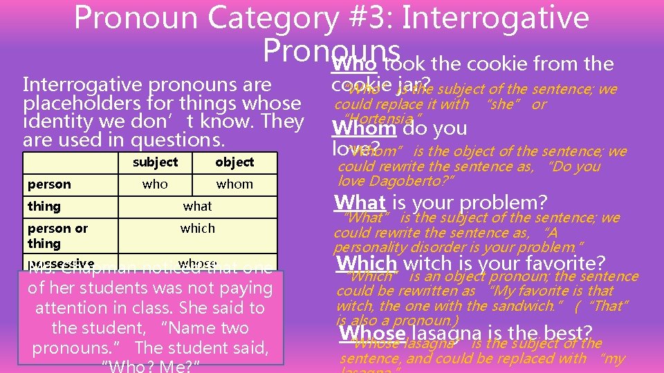 Pronoun Category #3: Interrogative Pronouns Who took the cookie from the Interrogative pronouns are