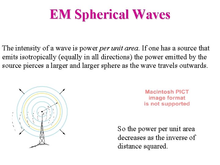EM Spherical Waves The intensity of a wave is power per unit area. If