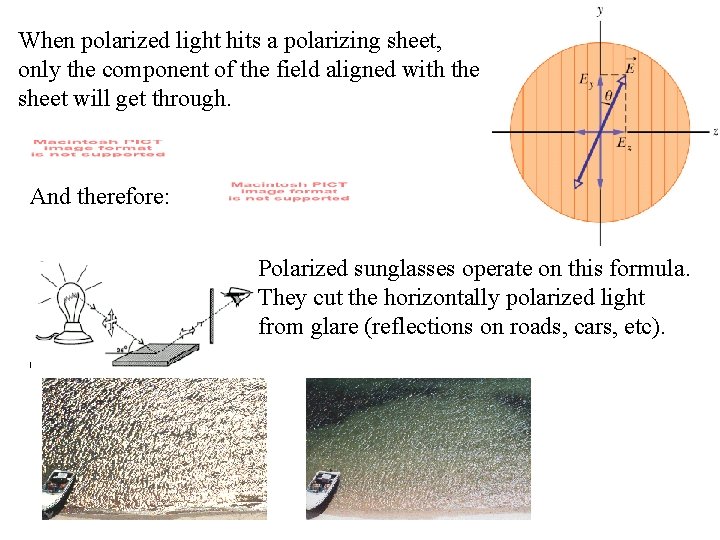 When polarized light hits a polarizing sheet, only the component of the field aligned