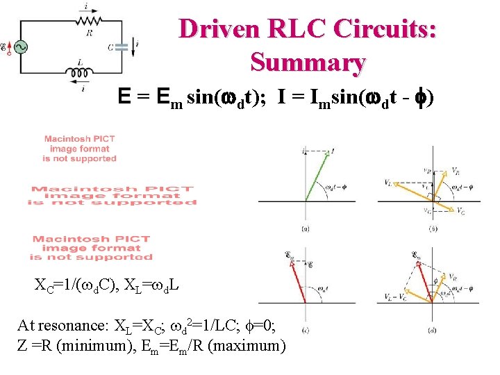 Driven RLC Circuits: Summary E = Em sin( dt); I = Imsin( dt -