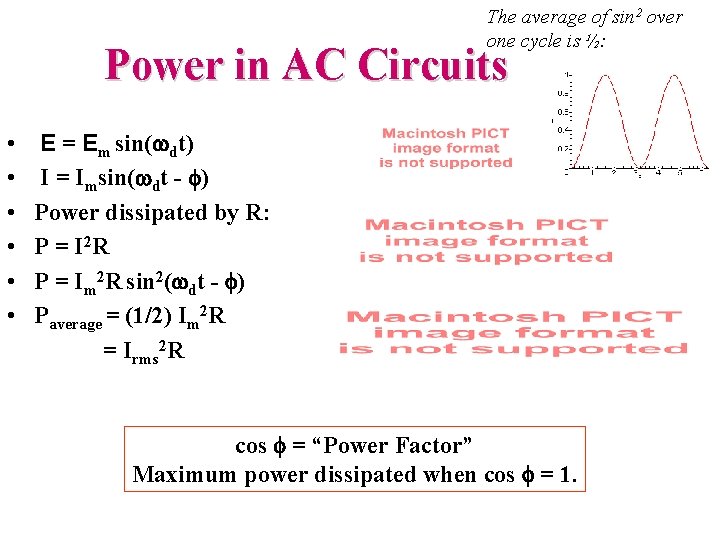 The average of sin 2 over one cycle is ½: Power in AC Circuits
