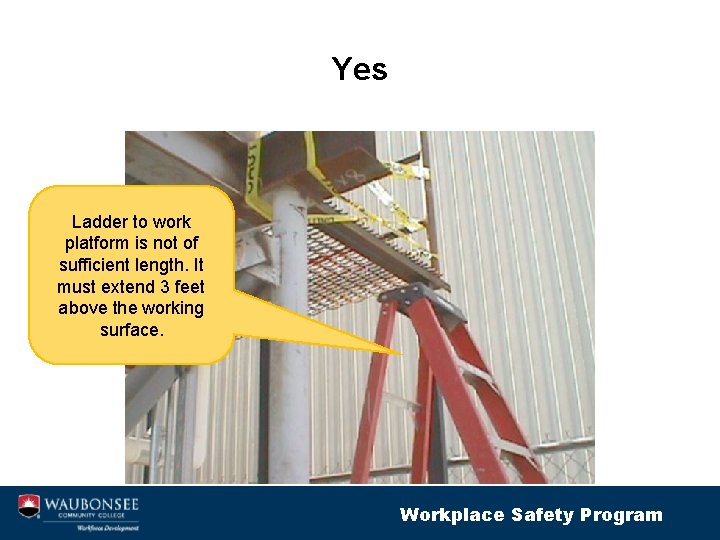 Yes Ladder to work platform is not of sufficient length. It must extend 3