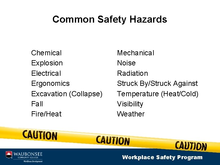 Common Safety Hazards Chemical Explosion Electrical Ergonomics Excavation (Collapse) Fall Fire/Heat Mechanical Noise Radiation