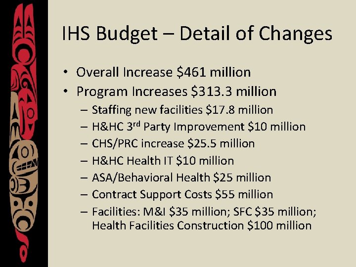 IHS Budget – Detail of Changes • Overall Increase $461 million • Program Increases