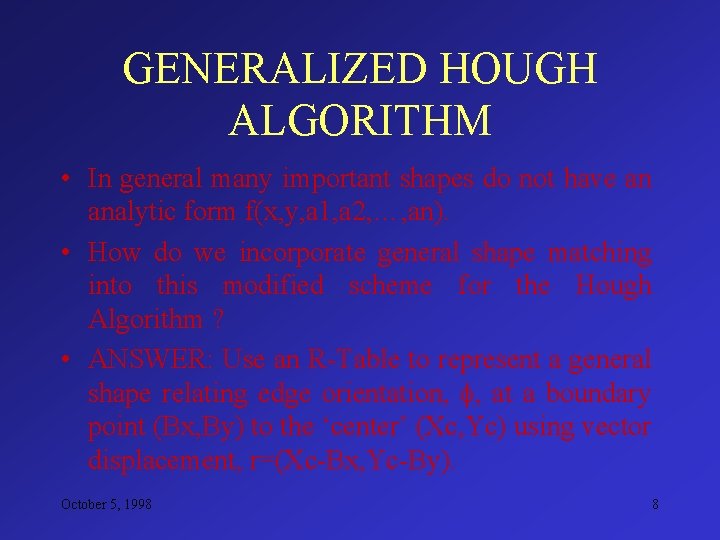 GENERALIZED HOUGH ALGORITHM • In general many important shapes do not have an analytic