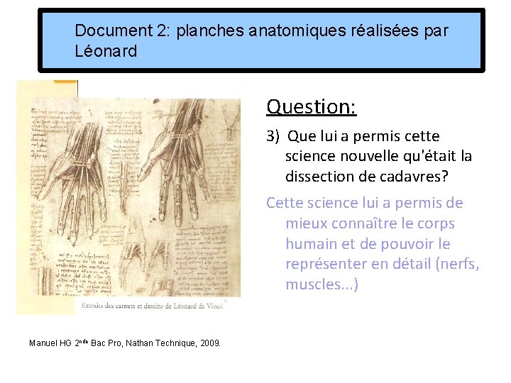 Document 2: planches anatomiques réalisées par Léonard de Vinci Question: 3) Que lui a Document 2: planches anatomiques réalisées par Léonard de Vinci Question: 3) Que lui a