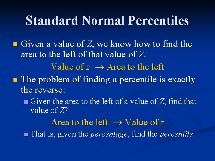 Standard Normal Percentiles Given a value of Z, we know how to find the