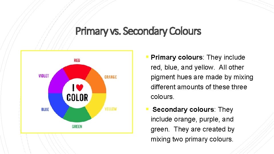 Primary vs. Secondary Colours § Primary colours: They include red, blue, and yellow. All