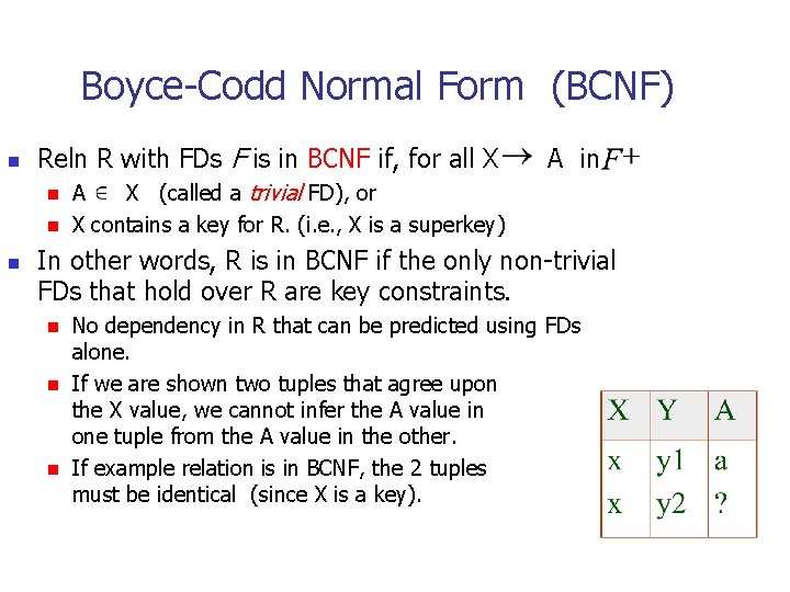 Boyce-Codd Normal Form (BCNF) n Reln R with FDs F is in BCNF if,