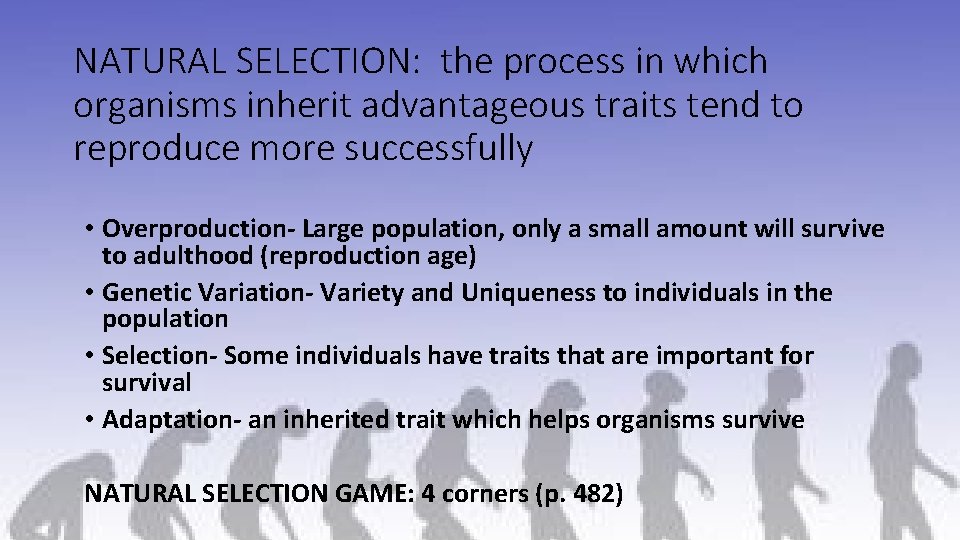 NATURAL SELECTION: the process in which organisms inherit advantageous traits tend to reproduce more