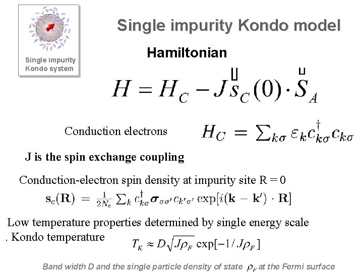 Single impurity Kondo model Single impurity Kondo system Hamiltonian Conduction electrons J is the