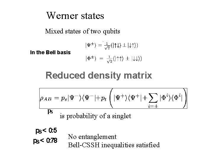 Werner states Mixed states of two qubits In the Bell basis Reduced density matrix