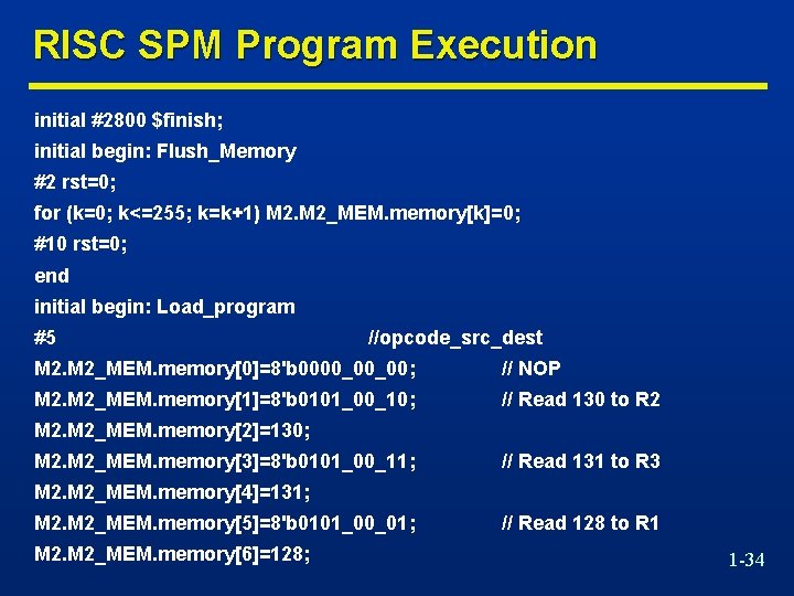 RISC SPM Program Execution initial #2800 $finish; initial begin: Flush_Memory #2 rst=0; for (k=0;