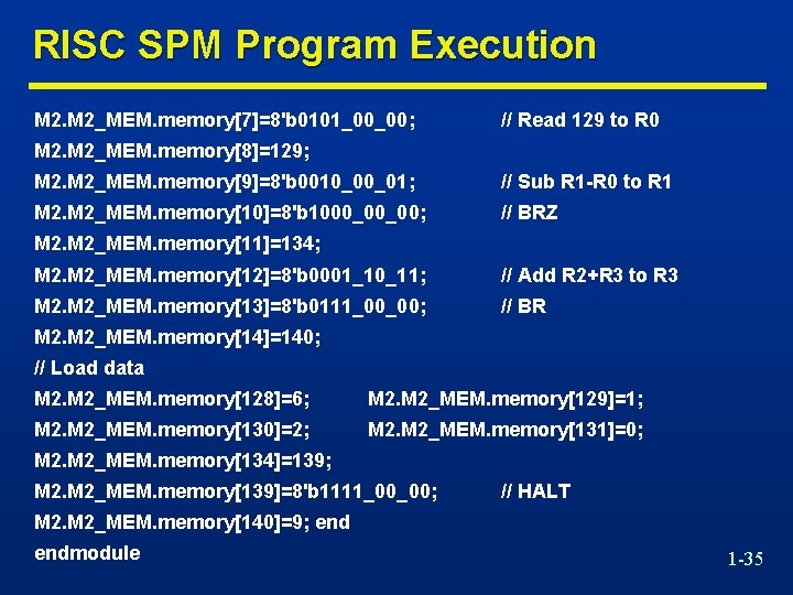 RISC SPM Program Execution M 2_MEM. memory[7]=8'b 0101_00_00; // Read 129 to R 0