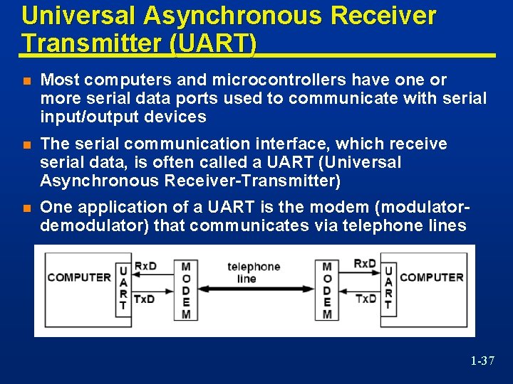 Universal Asynchronous Receiver Transmitter (UART) n Most computers and microcontrollers have one or more