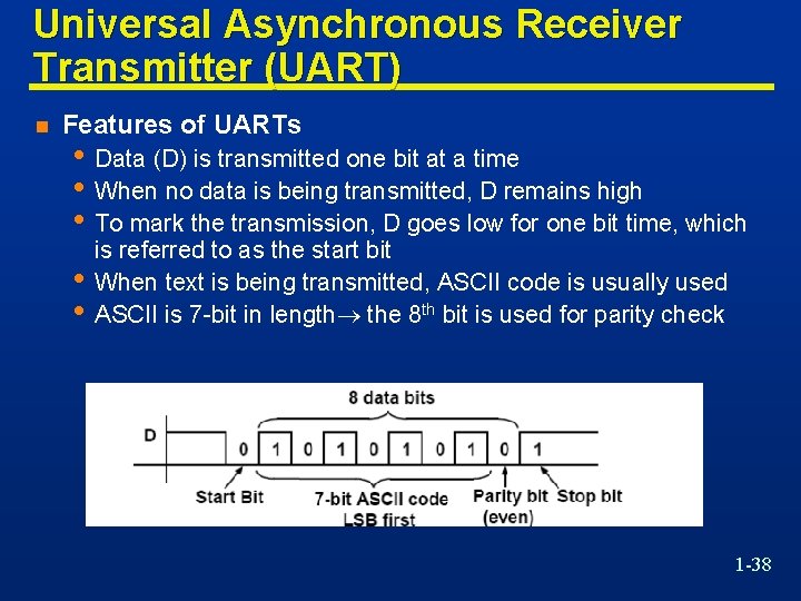 Universal Asynchronous Receiver Transmitter (UART) n Features of UARTs • Data (D) is transmitted