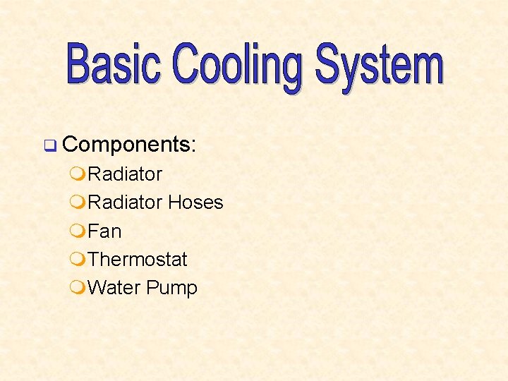 q Components: m. Radiator Hoses m. Fan m. Thermostat m. Water Pump 
