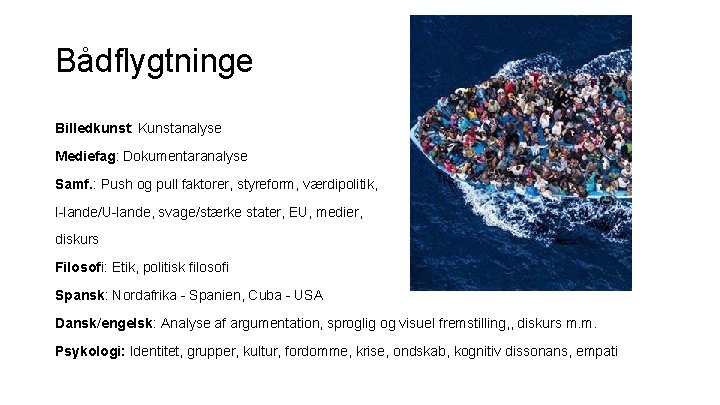 Bådflygtninge Billedkunst: Kunstanalyse Mediefag: Dokumentaranalyse Samf. : Push og pull faktorer, styreform, værdipolitik, I-lande/U-lande,