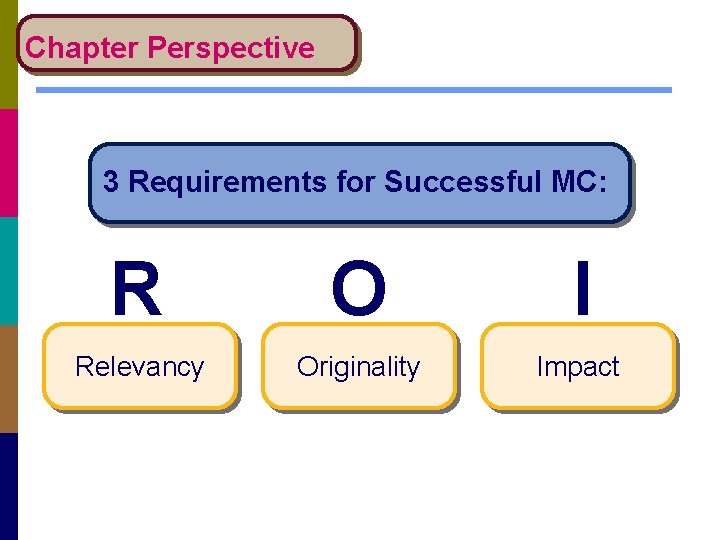 Chapter Perspective 3 Requirements for Successful MC: R O I Relevancy Originality Impact 