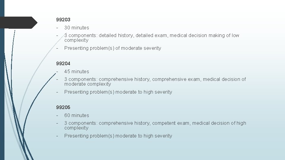 99203 - 30 minutes - 3 components: detailed history, detailed exam, medical decision making 99203 - 30 minutes - 3 components: detailed history, detailed exam, medical decision making