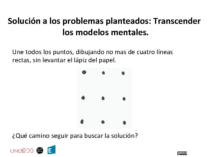 Solución a los problemas planteados: Transcender los modelos mentales. Une todos los puntos, dibujando