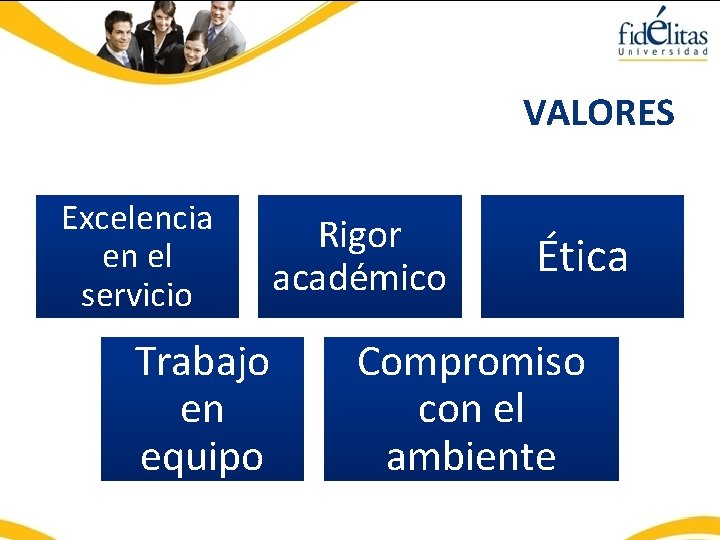 VALORES Excelencia en el servicio Trabajo en equipo Rigor académico Ética Compromiso con el