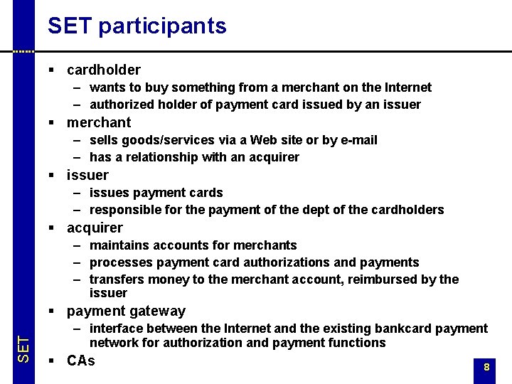 SET participants § cardholder – wants to buy something from a merchant on the