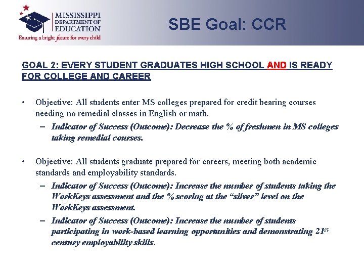 SBE Goal: CCR GOAL 2: EVERY STUDENT GRADUATES HIGH SCHOOL AND IS READY FOR