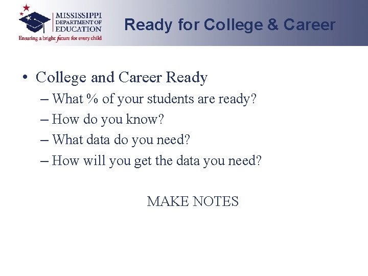 Ready for College & Career • College and Career Ready – What % of