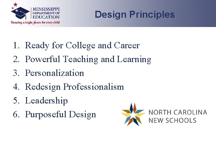 Design Principles 1. 2. 3. 4. 5. 6. Ready for College and Career Powerful