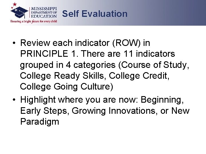 Self Evaluation • Review each indicator (ROW) in PRINCIPLE 1. There are 11 indicators