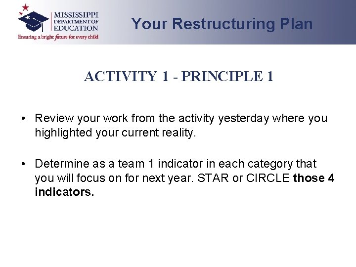 Your Restructuring Plan ACTIVITY 1 - PRINCIPLE 1 • Review your work from the