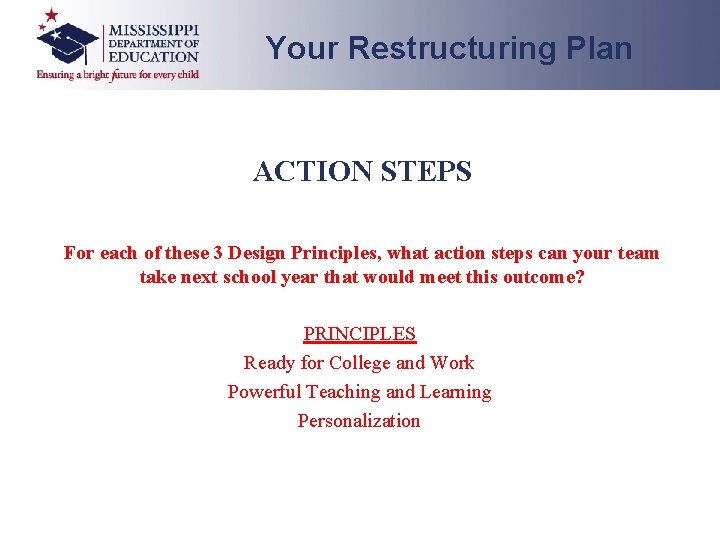 Your Restructuring Plan ACTION STEPS For each of these 3 Design Principles, what action