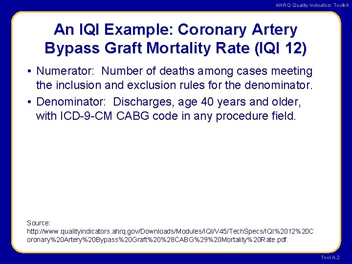 AHRQ Quality Indicators Toolkit An IQI Example: Coronary Artery Bypass Graft Mortality Rate (IQI