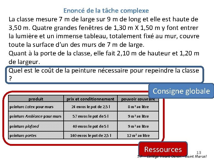 Enoncé de la tâche complexe La classe mesure 7 m de large sur 9