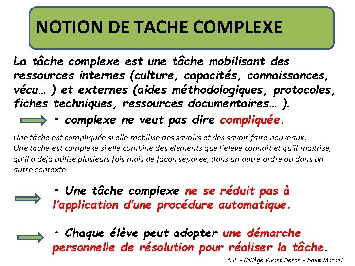 NOTION DE TACHE COMPLEXE La tâche complexe est une tâche mobilisant des ressources internes