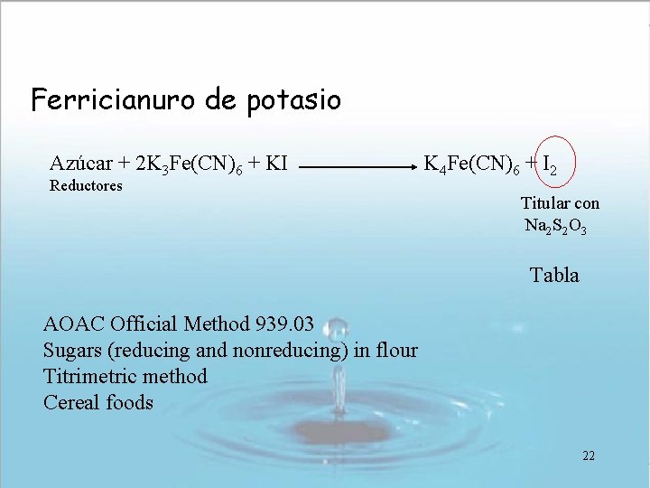 Ferricianuro de potasio Azúcar + 2 K 3 Fe(CN)6 + KI Reductores K 4 Ferricianuro de potasio Azúcar + 2 K 3 Fe(CN)6 + KI Reductores K 4
